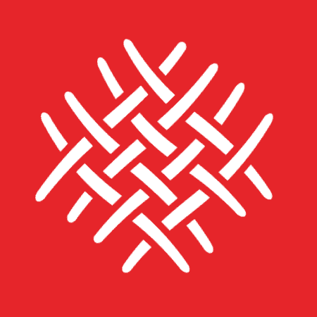 stylized weave of 4 wavy white lines interwoven with 4 more white wavy lines to form a roughly diamond shape on a red background