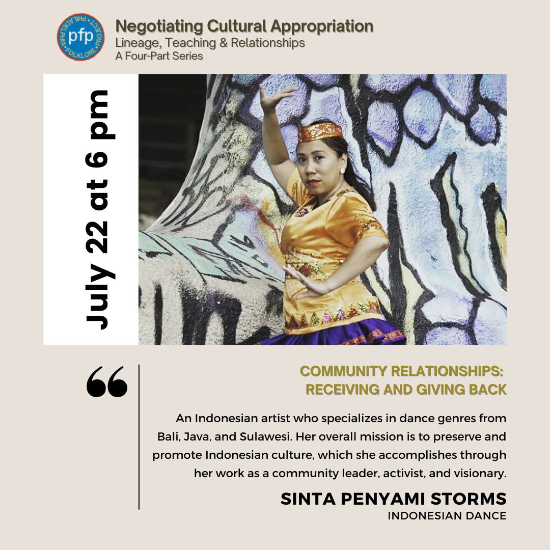 Philadelphia Folklore Project flyer featuring presenter Sinta Penyami Storms.