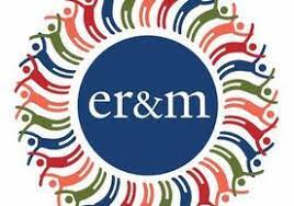 a blue circle with the letters er&m, surrounded by colorful stick figures waving their arms