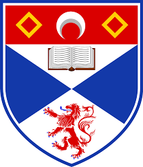 the college seal, a red stripe with blue diamonds on a white background