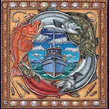 a colorful image of a porthole surrounded by fish through which a ship on the sea is visible