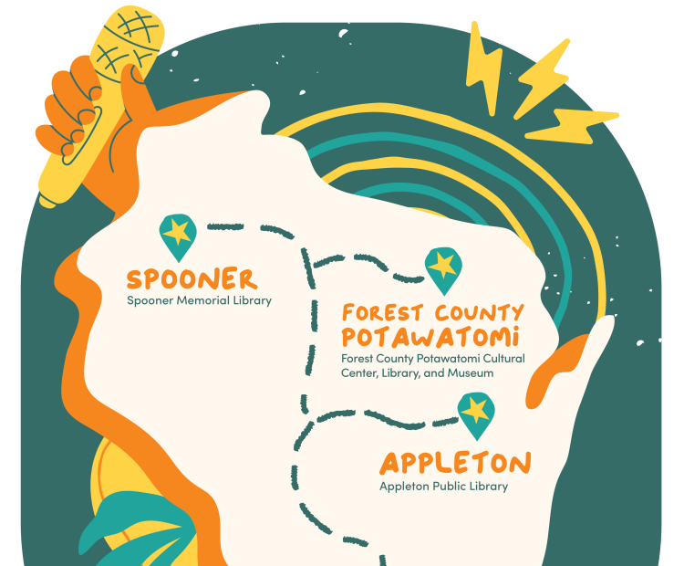 A stylized map of Wisconsin shows markers in Spooner, Forest County Potawatomi, Appleton, and Racine.