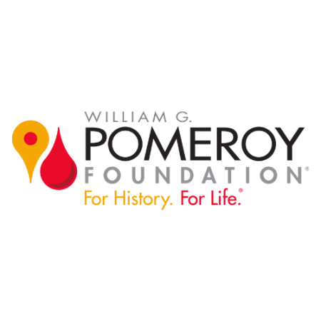 Yellow and red tear-drop-shaped map markers next to the words "William G. Pomeroy Foundation (in black; trademarked) / For History (in yellow). For Live (in red). Trademarked