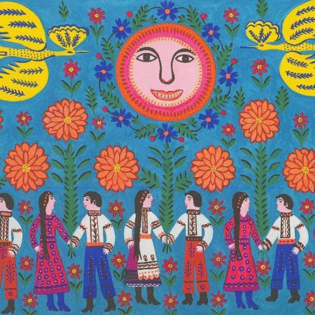 A colorful folk art scene of people in costume under an anthropomorphic sun
