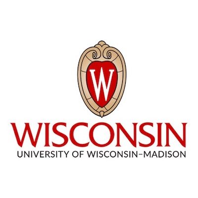 A crest over the large word "Wisconsin" over black text of "university of Wisconsin-Madison." The crest has a white W on a red background, surrounded by a gold scrolled sheild.