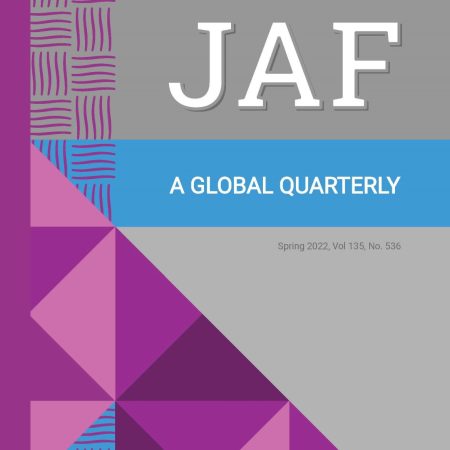 A geometric pattern of shades of purple and blue, with white text: "JAF: A Global Quarterly/ Spring 2022, 134:2"