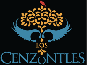 Los Cenzontles logo in gold and teal against a black background. A small red bird sits atop an ornate floral design.