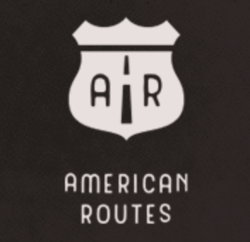 brown background with a state route symbol with an "a" on the left side and an "r" on the right side, and the words "american routes" written on the bottom
