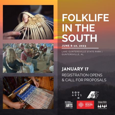 folklife in the south 2023 gathering image, which has images of weaving, fiddling, and basketry layered on top of a mountain sunset and logos of collaborating organizations