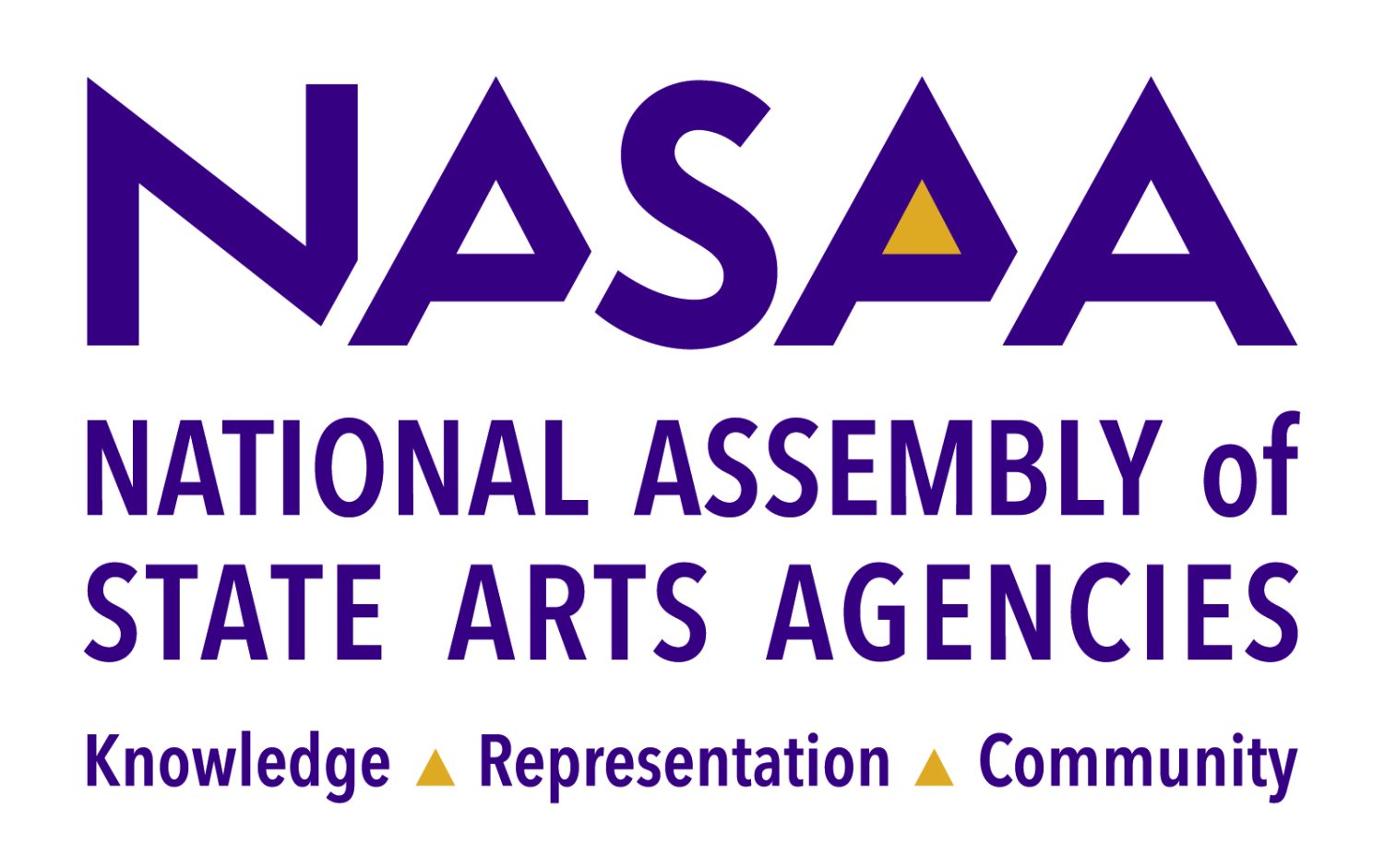 NASAA organization name spelled out in purple text with yellow gold accents with the words "knowledge, representation, community" listed at the bottom of the logo with small yellow gold triangles between the words