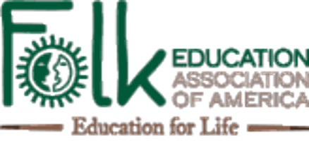 folk education association of america logo, which has their name written in green and brown lettering and a sun and moon drawn into the "o" in "folk"