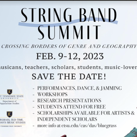 string band summit save the date with event information against a sky-colored background