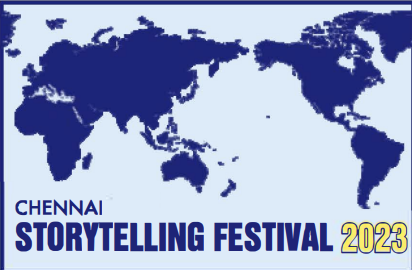 map of the world in dark and light blue with chennai storytelling festival 2023 written on it