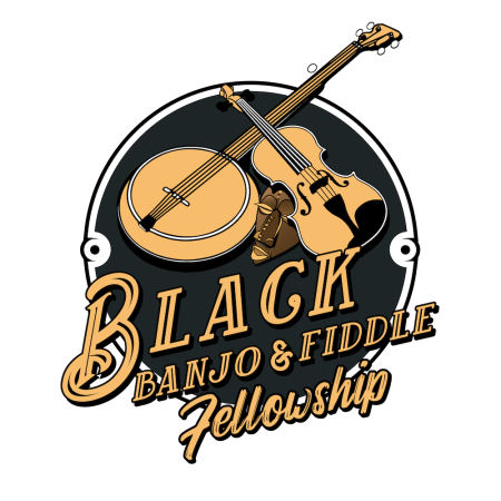 fellowship logo, which has a banjo, fiddle, and african mask in front of a black circle and the fellowship title in stylized font