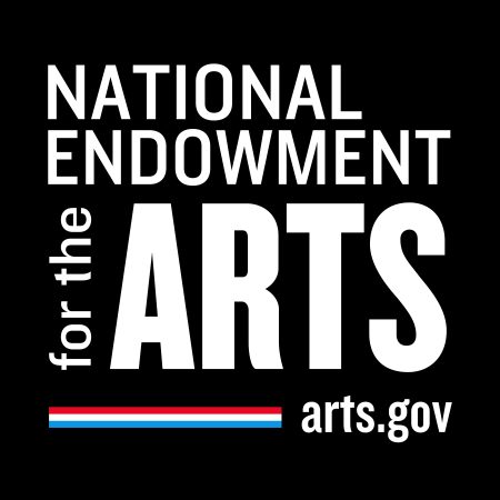 national endowment for the arts logo, which has a black background, white text, and red, white, and blue lines leading to the org url, which is arts.gov