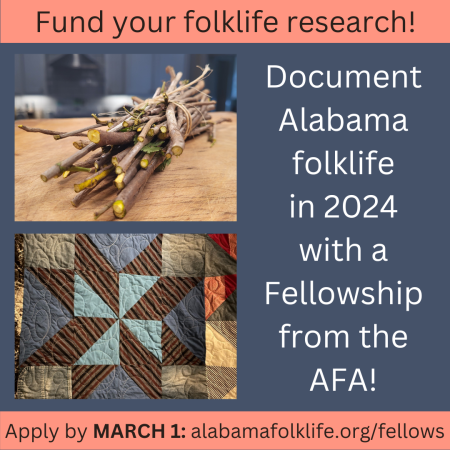 alabama folklife fellowship graphic with quilts and a bundle of sticks