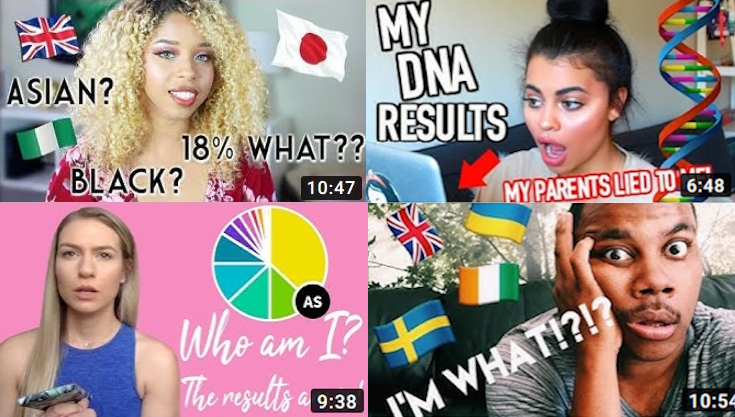 YouTube thumbnails featuring diverse individuals smiling or with shocked facial expressions next to text such as “My DNA Results: My Parents Lied to Me!”, “Who am I? The results are in!”, “Asian? Black? 18% What??” and “I’m WHAT!?!?”