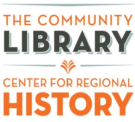 logo for the community library, which has their title in orange and black
