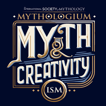 logo of International Society of Mythology in white against an indigo background where the word mythologium is placed above it