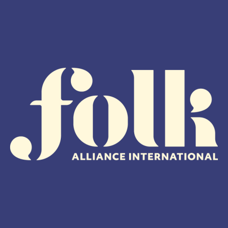 folk alliance international logo, which has a blue background and eggshell lettering with the word "folk" being much larger than "alliance international"